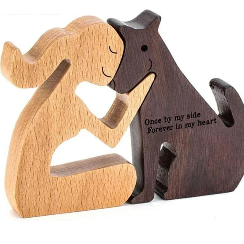 Ornements en bois humains avec chien, décoration de Noël en famille, artisanat d'art, jouets en bois